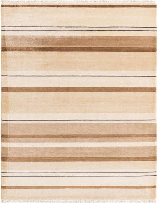 A 10 ft Darya runner rug with varying shades of brown and tan stripes, featuring a high pile and fringe.