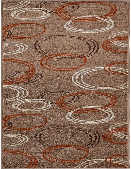 A 10 ft runner rug with a modern abstract pattern of interlocking brown, rust, and white circles on a tan background, perfect for a hallway.