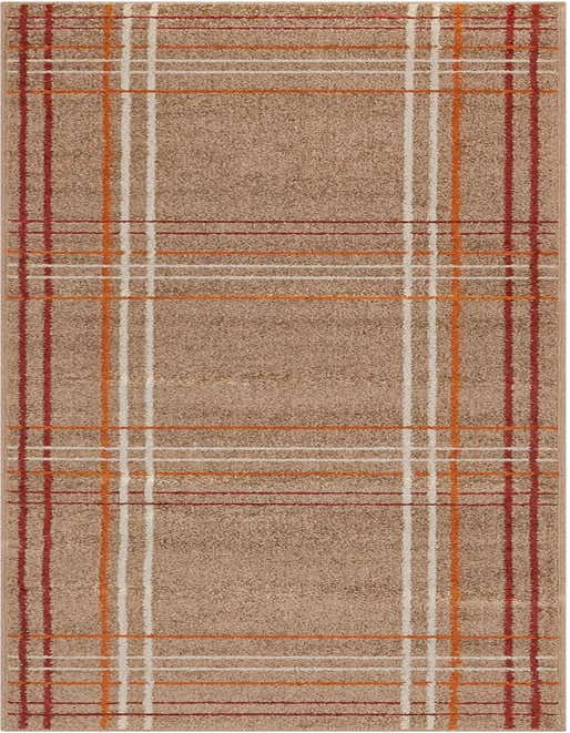 A 10 ft runner rug in a modern plaid pattern with a tan background and thin red, orange, and white stripes.