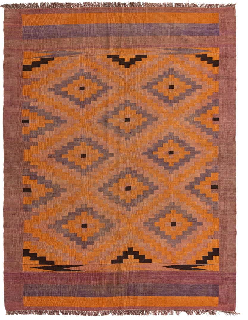 A 12 ft runner rug from the Kilim Fars collection, featuring a tribal geometric pattern in browns, tans, and purple hues, with fringe.