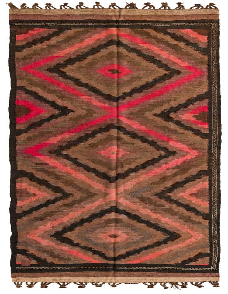 A 12 ft Kilim Fars runner rug with a tribal geometric pattern in shades of brown, tan, and vibrant pink.