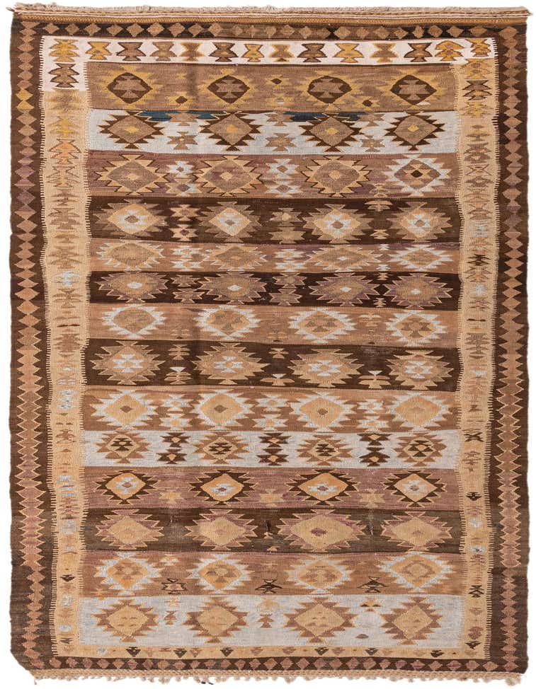 A long 11 ft runner rug with a tribal Persian pattern in shades of brown, tan, and cream.