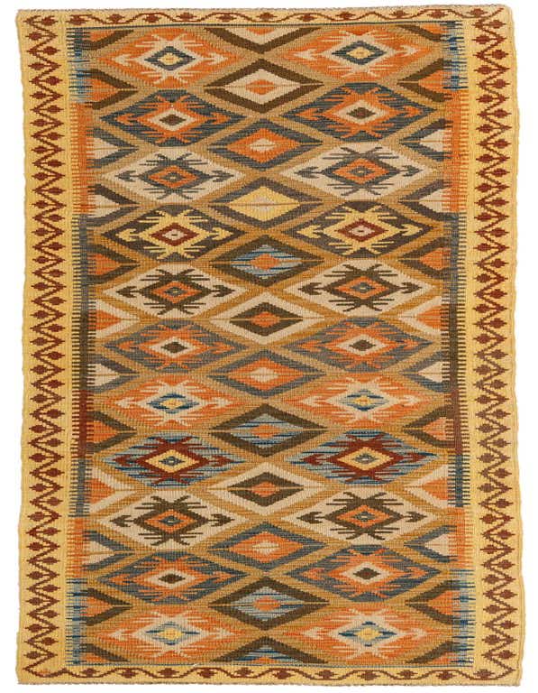 A 10 ft Kilim Maymana runner rug in Southwestern style, featuring brown, tan, orange, and blue tribal patterns, ideal for a hallway.