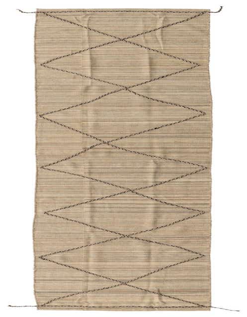 A 15 ft Kilim Modern runner rug in varying shades of brown and tan, featuring a bold tribal diamond pattern.