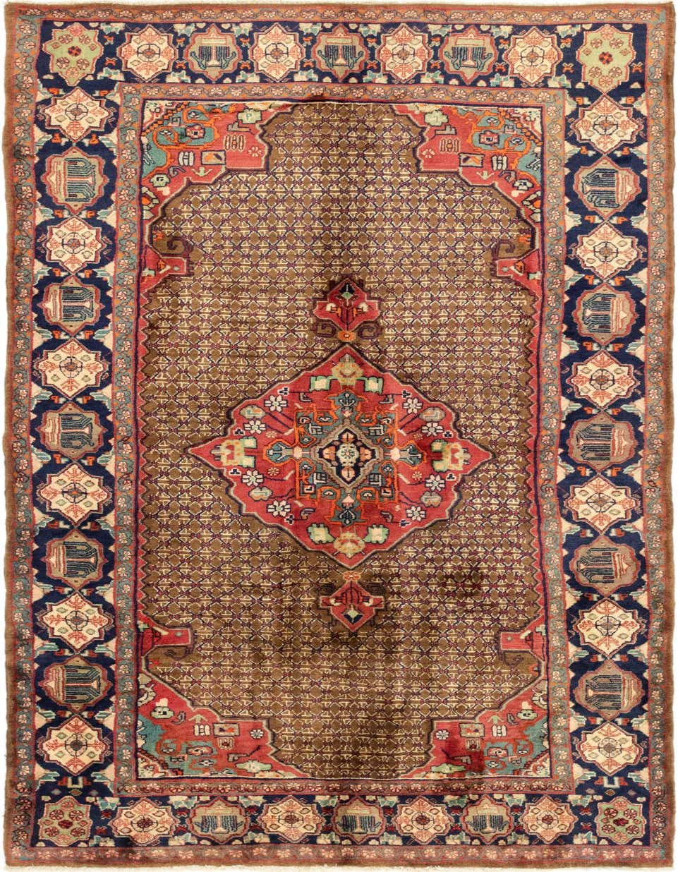 A 10 ft runner rug in traditional Persian style, featuring a brown field with a central medallion and a navy blue border.