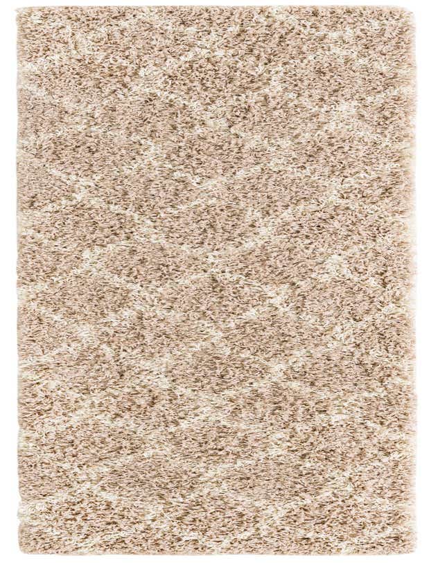 A 7 ft runner rug with a high/low pile in varying shades of brown and tan, featuring a subtle modern trellis pattern.