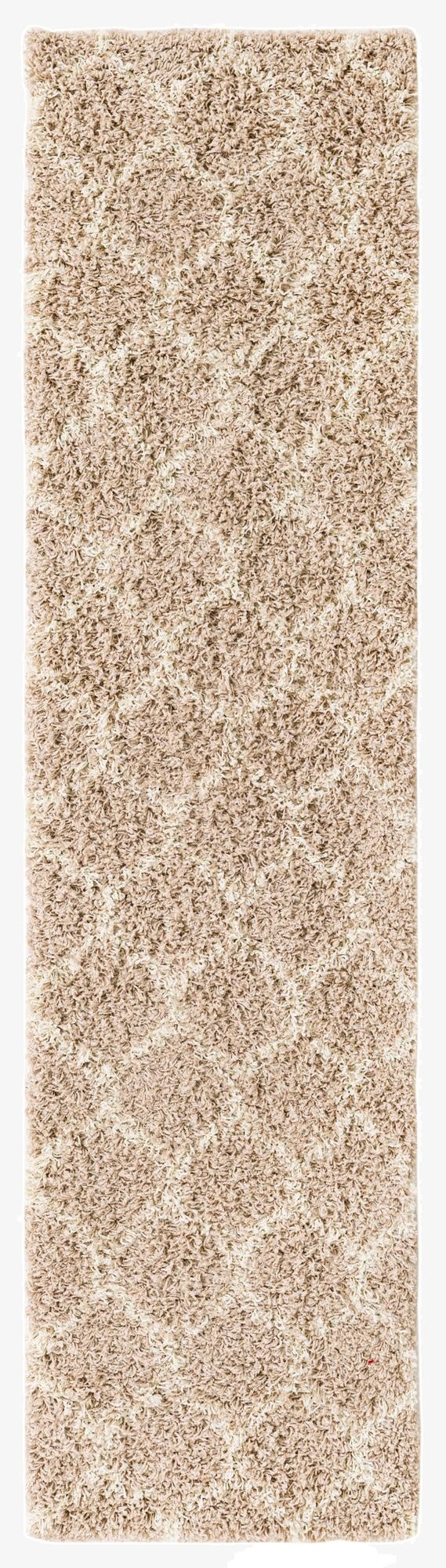 A long 8 ft runner rug from the Lattice Shag collection, featuring a textured high/low pile in varying shades of brown and tan, with a subtle modern trellis pattern.