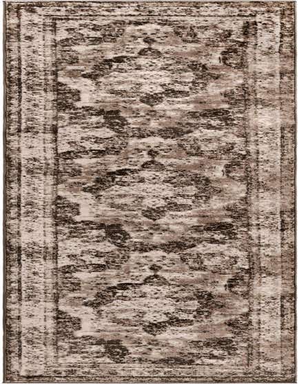 A 12 ft runner rug in shades of brown and tan, featuring a distressed transitional medallion pattern, ideal for a hallway.