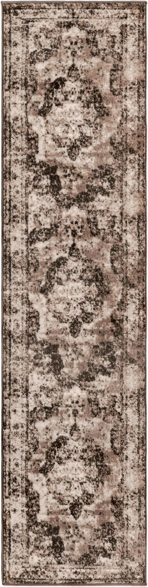 A long 8 ft runner rug with a distressed traditional medallion pattern in shades of brown and tan, ideal for a hallway or kitchen.