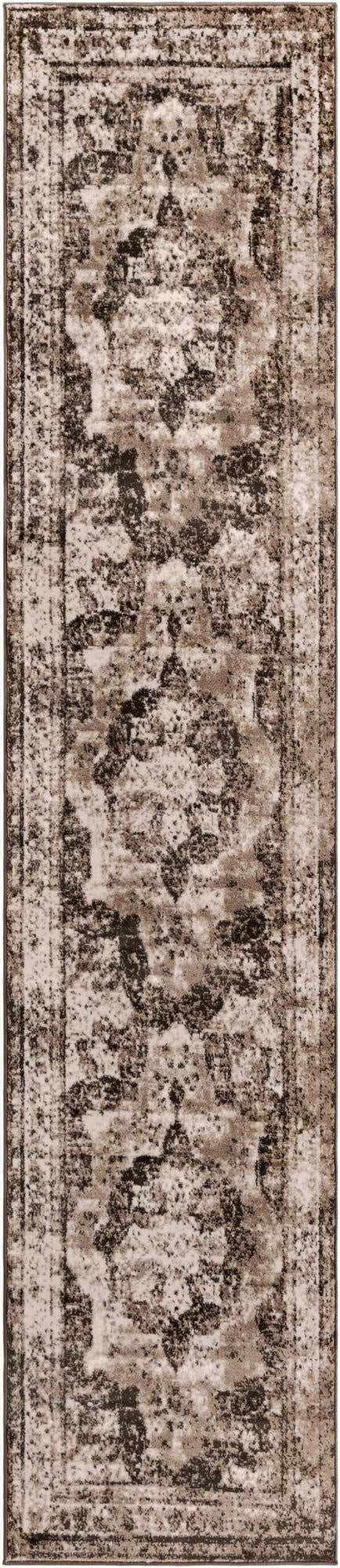 A 12 ft runner rug in shades of brown and tan, featuring a distressed transitional medallion pattern, ideal for a hallway.