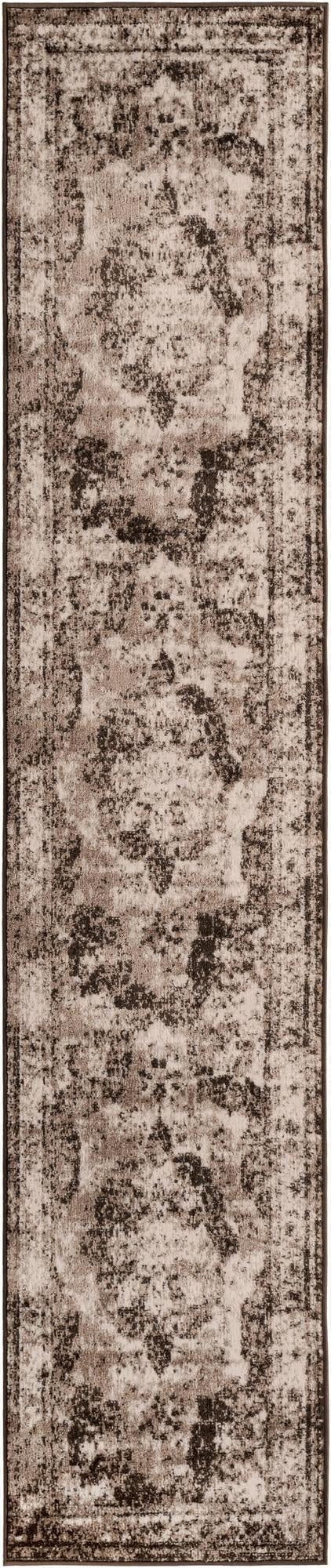 A 10 ft runner rug in shades of brown and tan, featuring a distressed bohemian medallion pattern, ideal for a hallway.