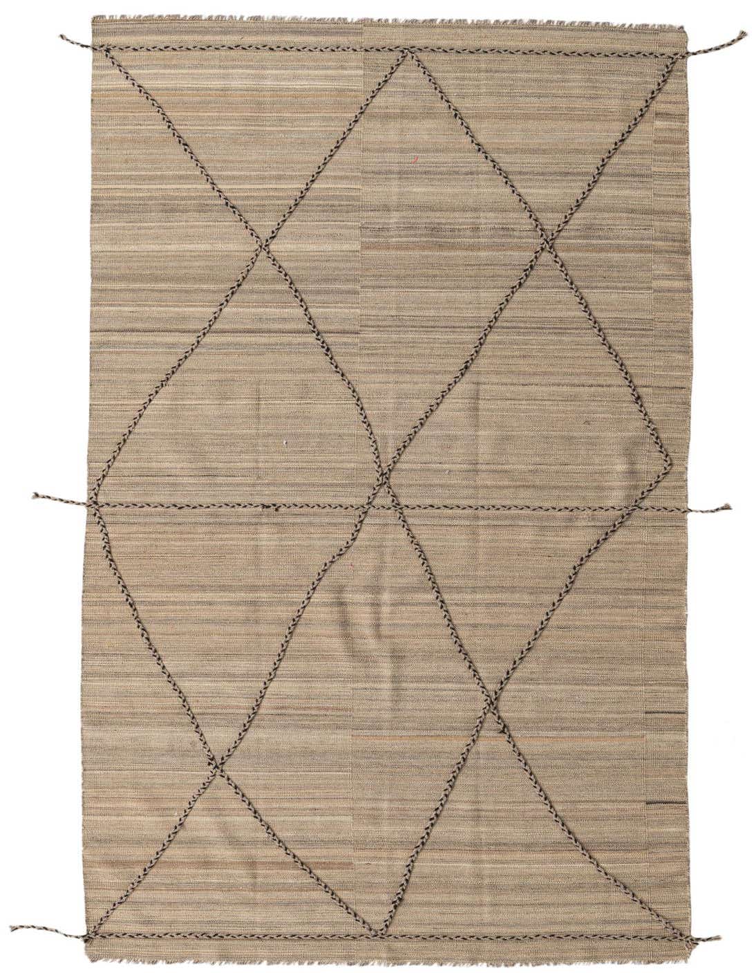 A 10 ft runner rug in shades of brown and tan, featuring a tribal diamond pattern made from braided wool.