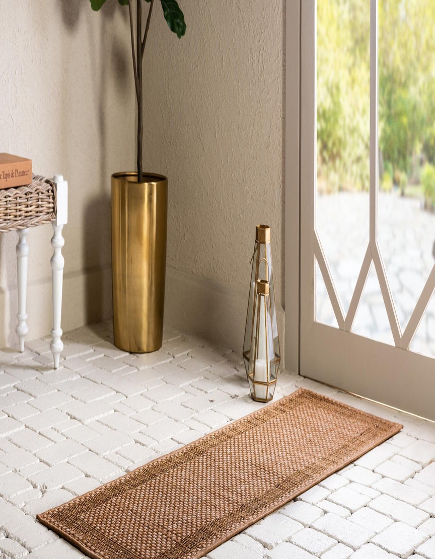 Light Brown 2' x 6' Border Outdoor Runner Rug | Rugs.com