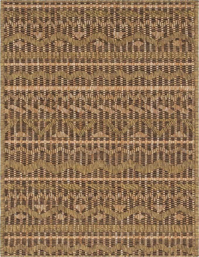 A 6 ft runner rug with a Southwestern tribal pattern in shades of brown, tan, and olive green, suitable for indoor/outdoor use.