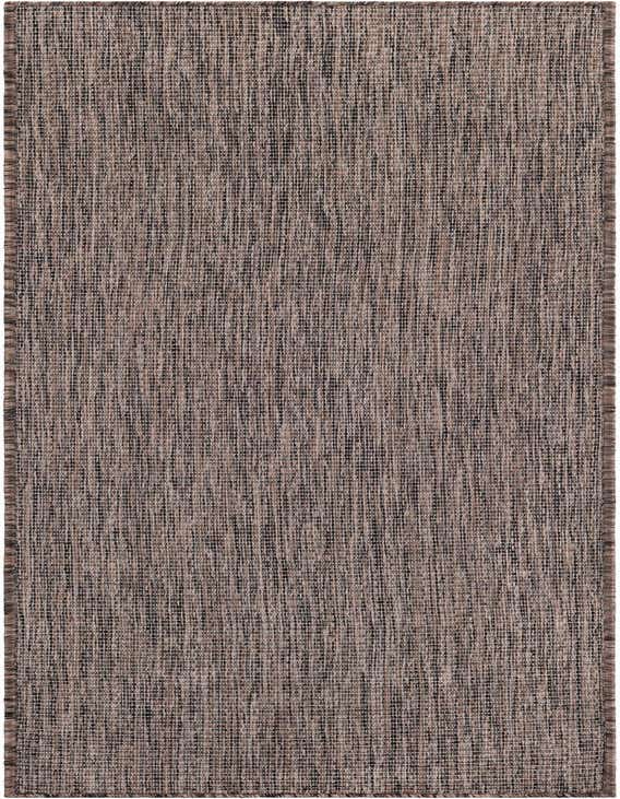 A 7 ft runner rug in shades of brown and tan with a textured, flatweave surface, suitable for indoor/outdoor use.