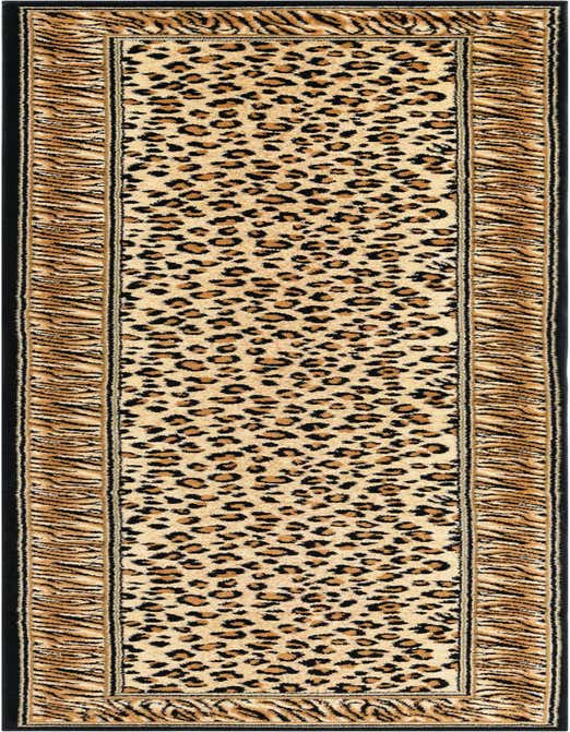 A 10 ft runner rug featuring a tan and brown leopard print center with a tiger stripe border and black edges, perfect for a hallway.