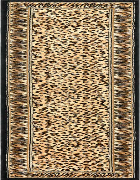 A 12 ft runner rug with a tan and brown leopard print center, framed by a black and tan zebra print border, ideal for a hallway.