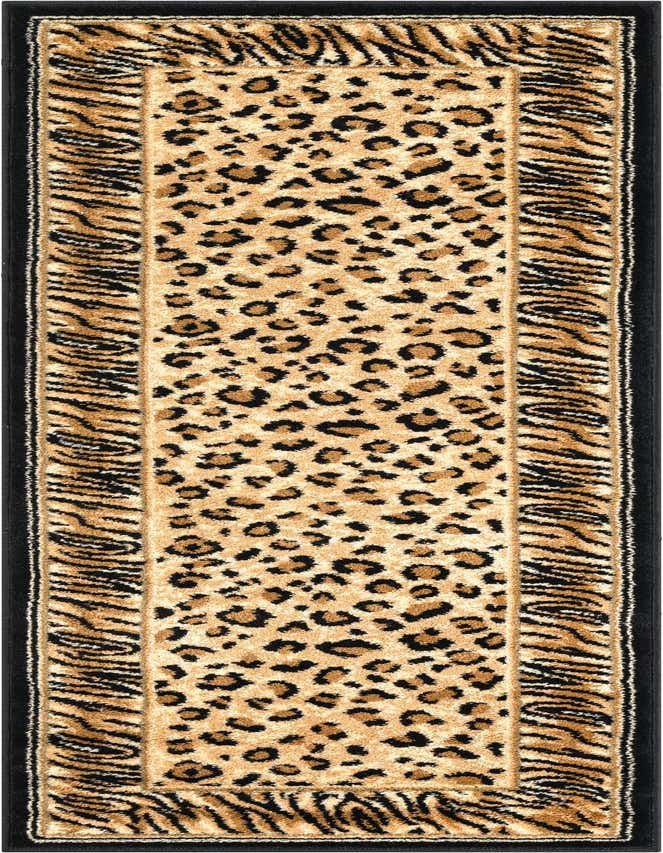 A 6 ft runner rug featuring a tan and brown leopard print center, bordered by a black and tan tiger stripe pattern, with a solid black outer edge.