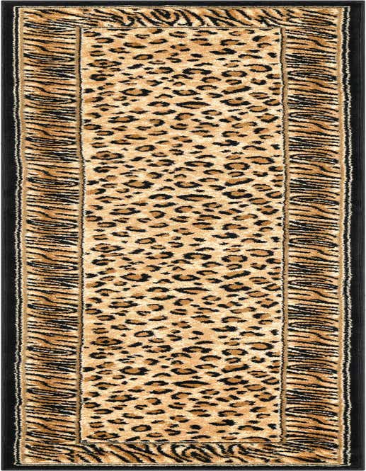 A long 8 ft runner rug featuring a tan and brown leopard print center with a tiger stripe border and solid black edges, ideal for a hallway.