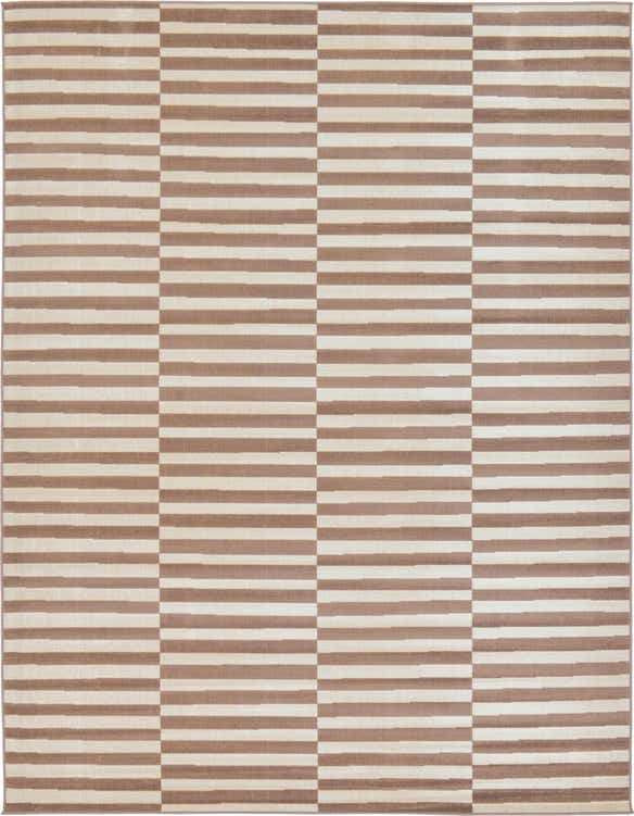 A 10 ft runner rug featuring a modern stripe pattern in alternating shades of brown and tan, ideal for a hallway.
