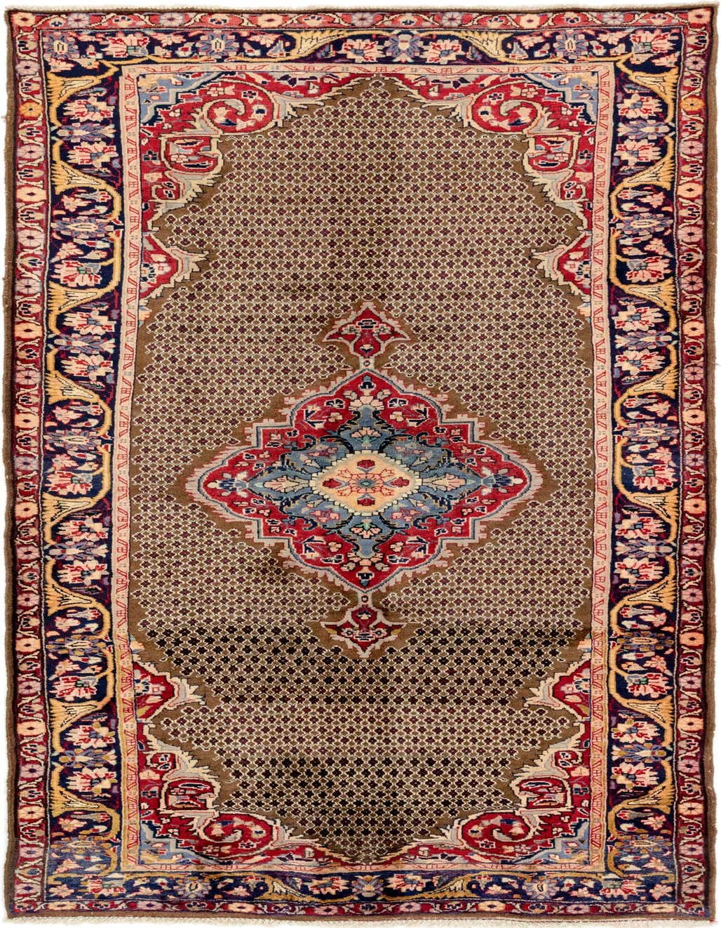 A 10 ft runner rug in traditional Persian style, featuring a brown and tan field with a central medallion and ornate floral borders in red, blue, and gold.