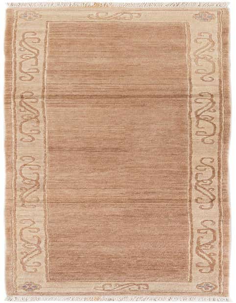 A handmade 11 ft wool runner rug in varying shades of brown and tan, featuring a modern oriental border pattern.
