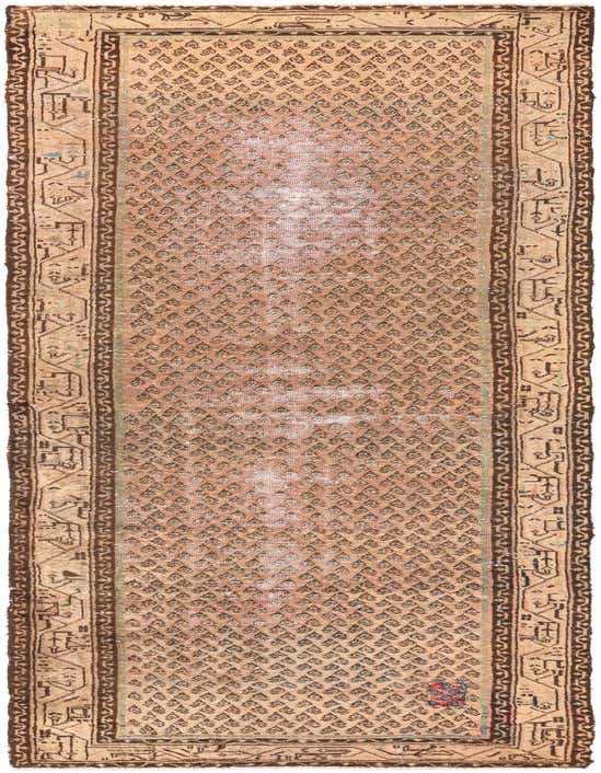 A 14 ft runner rug in shades of brown and tan, featuring a distressed Persian pattern with a repeating diamond motif and intricate border.