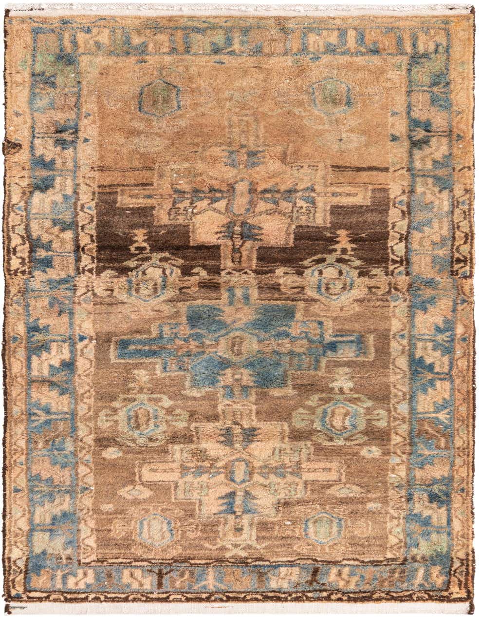 A 7 ft runner rug in shades of brown and tan with traditional blue and green Persian-style patterns, ideal for a hallway.
