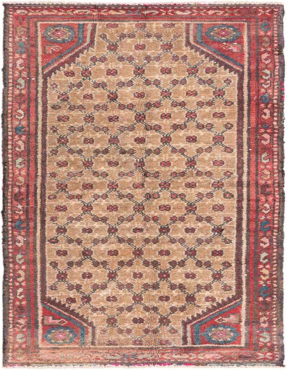 A 5 ft runner rug with a tan field and repeating red floral motifs, framed by a red border with intricate patterns, perfect for a hallway.