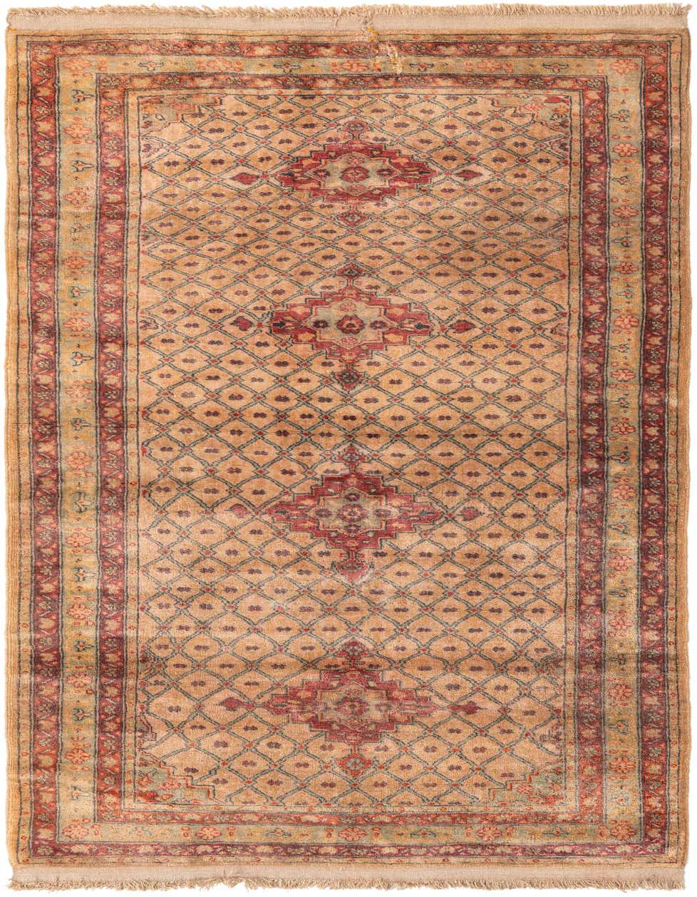 A 7 ft runner rug in traditional Persian style, featuring a tan and brown color palette with intricate red and blue patterns, ideal for hallways.