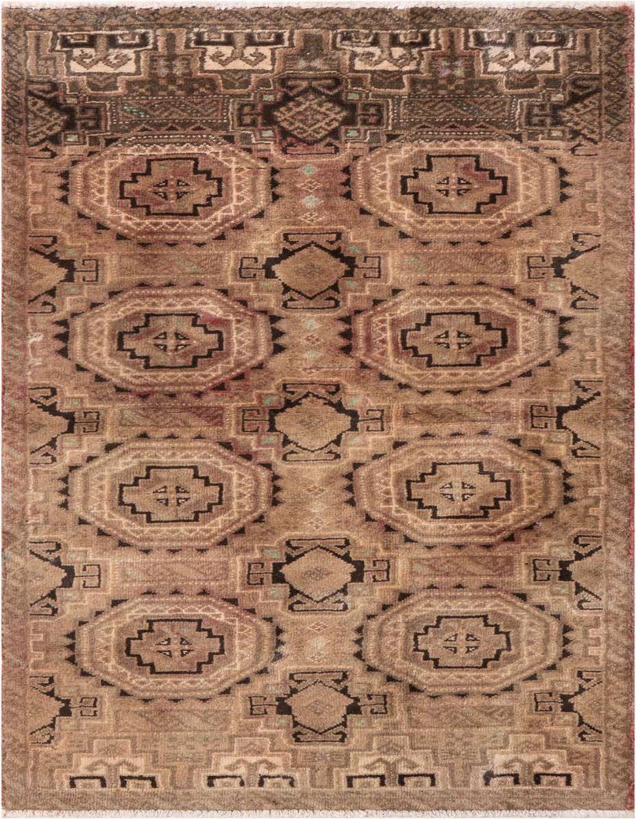 A 5 ft runner rug in shades of brown and tan, featuring a repeating Persian-inspired geometric pattern with octagonal motifs.