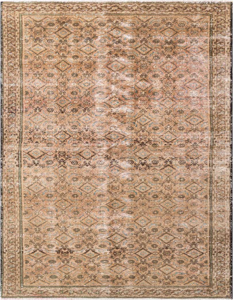 A 10 ft runner rug in shades of brown and tan, featuring a distressed Persian-inspired pattern with geometric motifs, ideal for a hallway.