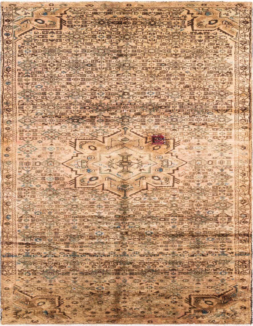 A 10 ft runner rug in shades of brown and tan, featuring a distressed Persian medallion pattern, ideal for a hallway.