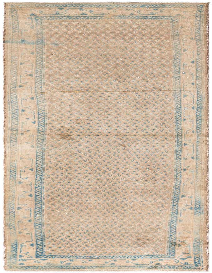 A 10 ft Ultra Vintage runner rug in shades of brown and tan, featuring a distressed Persian pattern with blue accents, ideal for a hallway.