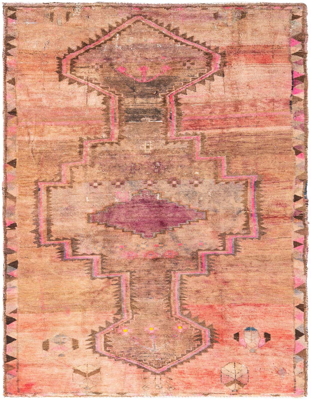 A 9 ft runner rug in browns and tans with a distressed Persian medallion pattern and pink accents, ideal for a hallway.