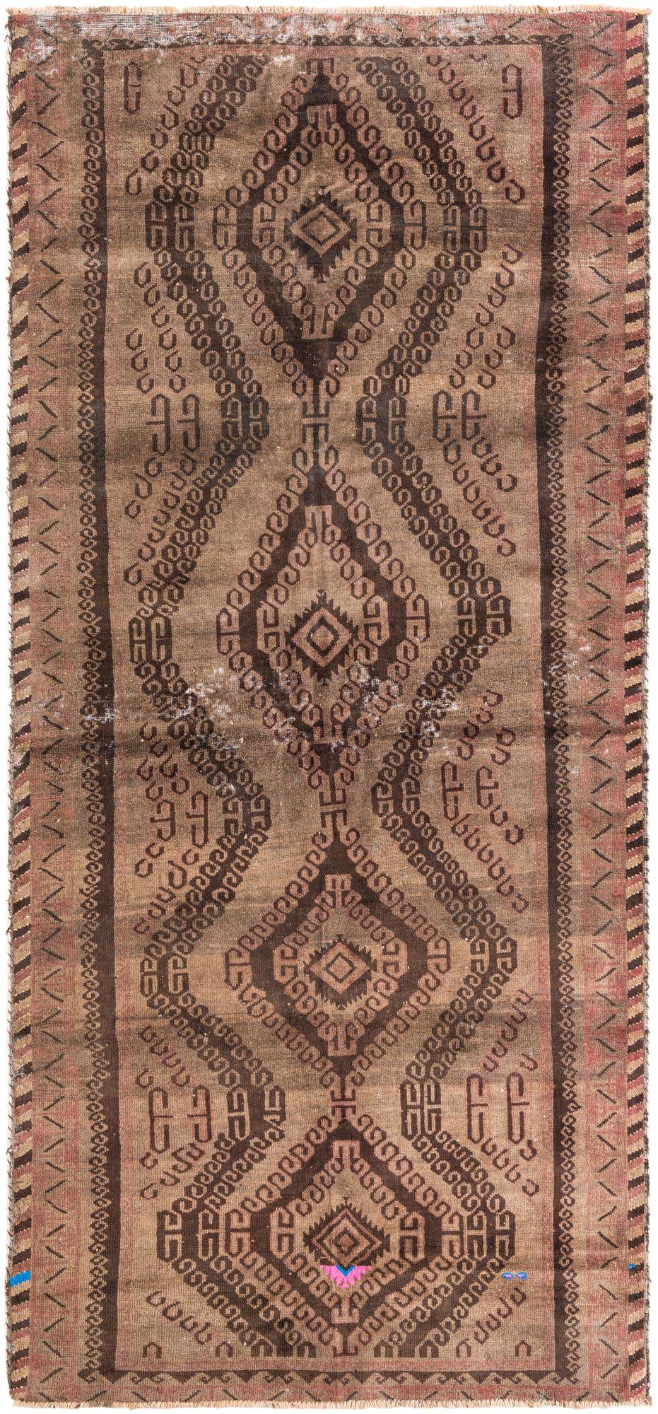 A 10 Ft runner rug in earthy browns and tans with a central diamond medallion pattern and ornate borders, ideal for hallways.