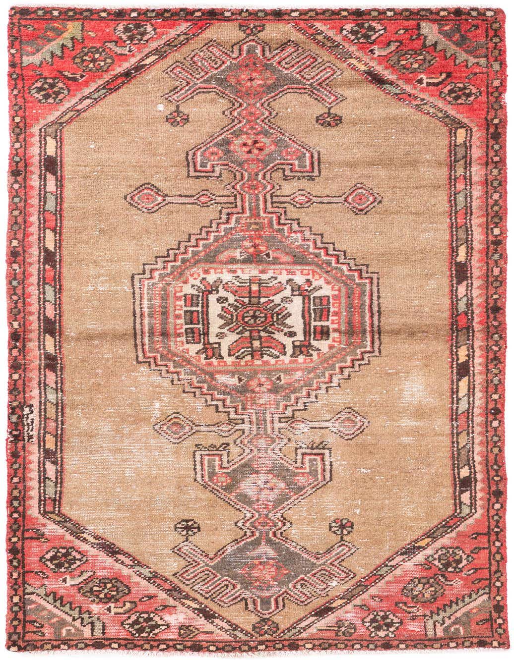 A 7 ft runner rug with a tan and brown field, featuring a central medallion and geometric patterns in red and black, ideal for a hallway.