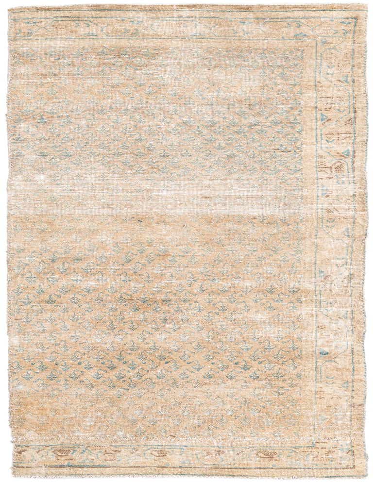 A close-up of an 8 ft runner rug from the Ultra Vintage collection, featuring a distressed Persian pattern in browns, tans, and light blue, ideal for a hallway or kitchen.