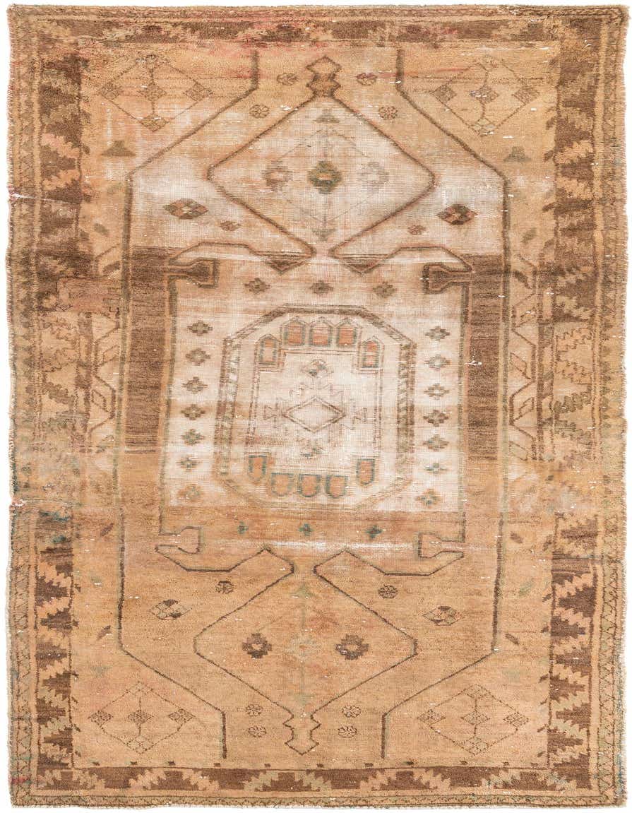 A 10 ft runner rug in shades of brown and tan, featuring a distressed Persian medallion pattern, ideal for a hallway.