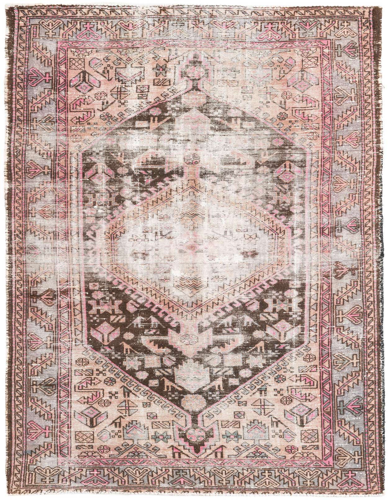 A 7 ft runner rug in a distressed Persian style, featuring a central medallion and geometric patterns in browns, tans, and muted pinks.