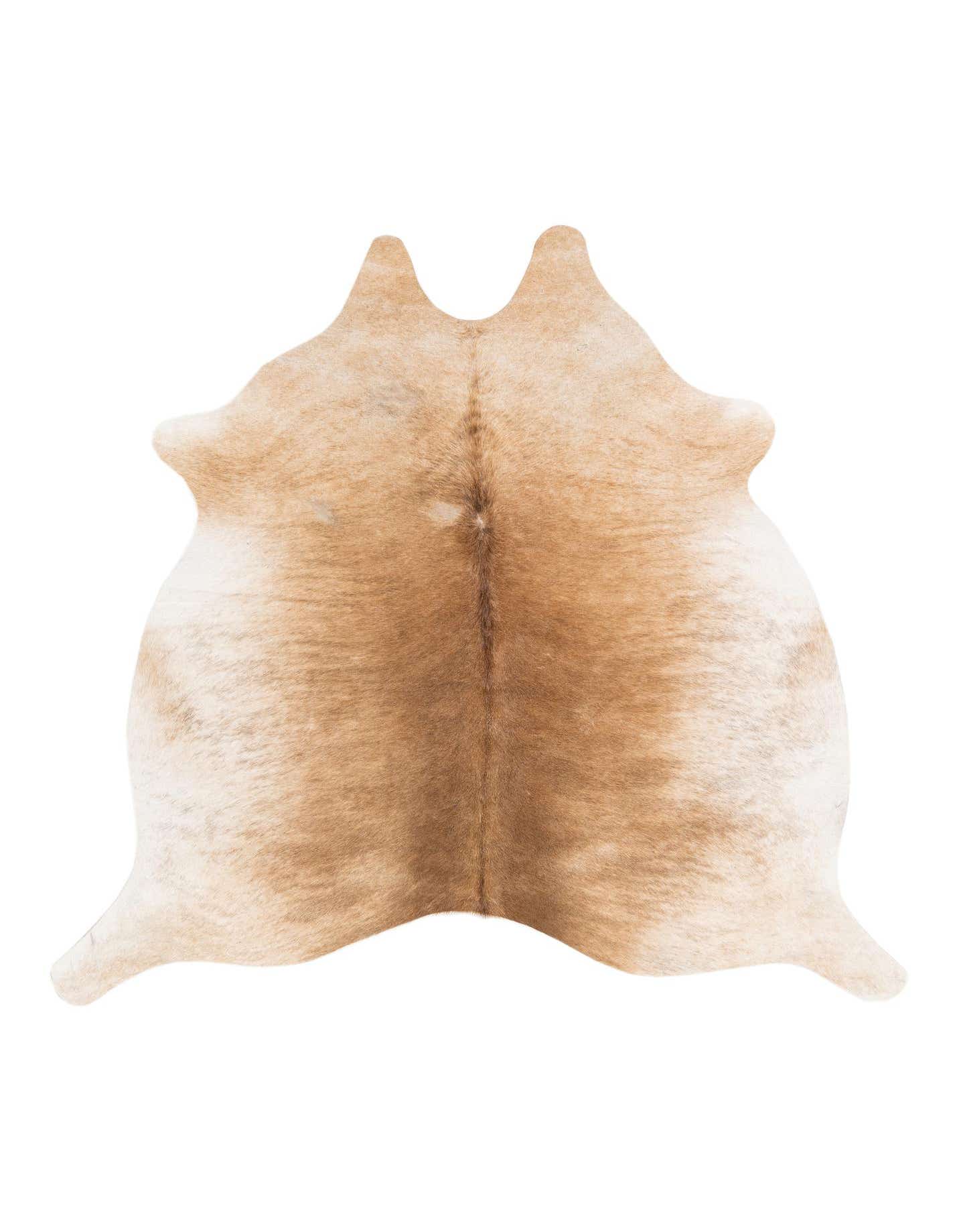 A 5' 2 x 5' 4 square cowhide rug in varying shades of brown and tan, showcasing its natural, irregular shape and flat, textured pile.