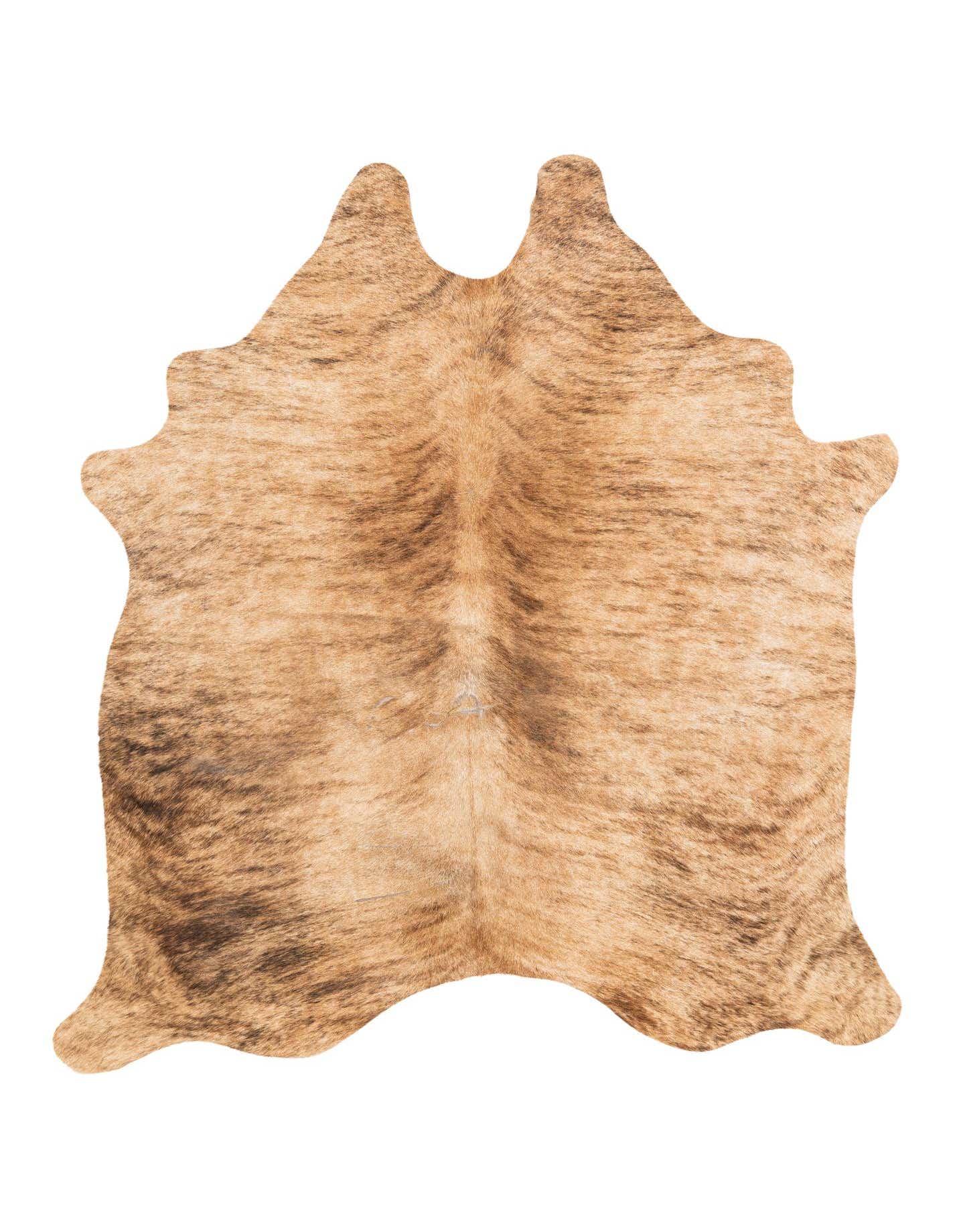 A 4'1" x 4'4" square cowhide rug featuring natural brown and tan brindle stripes, perfect for a modern living space.