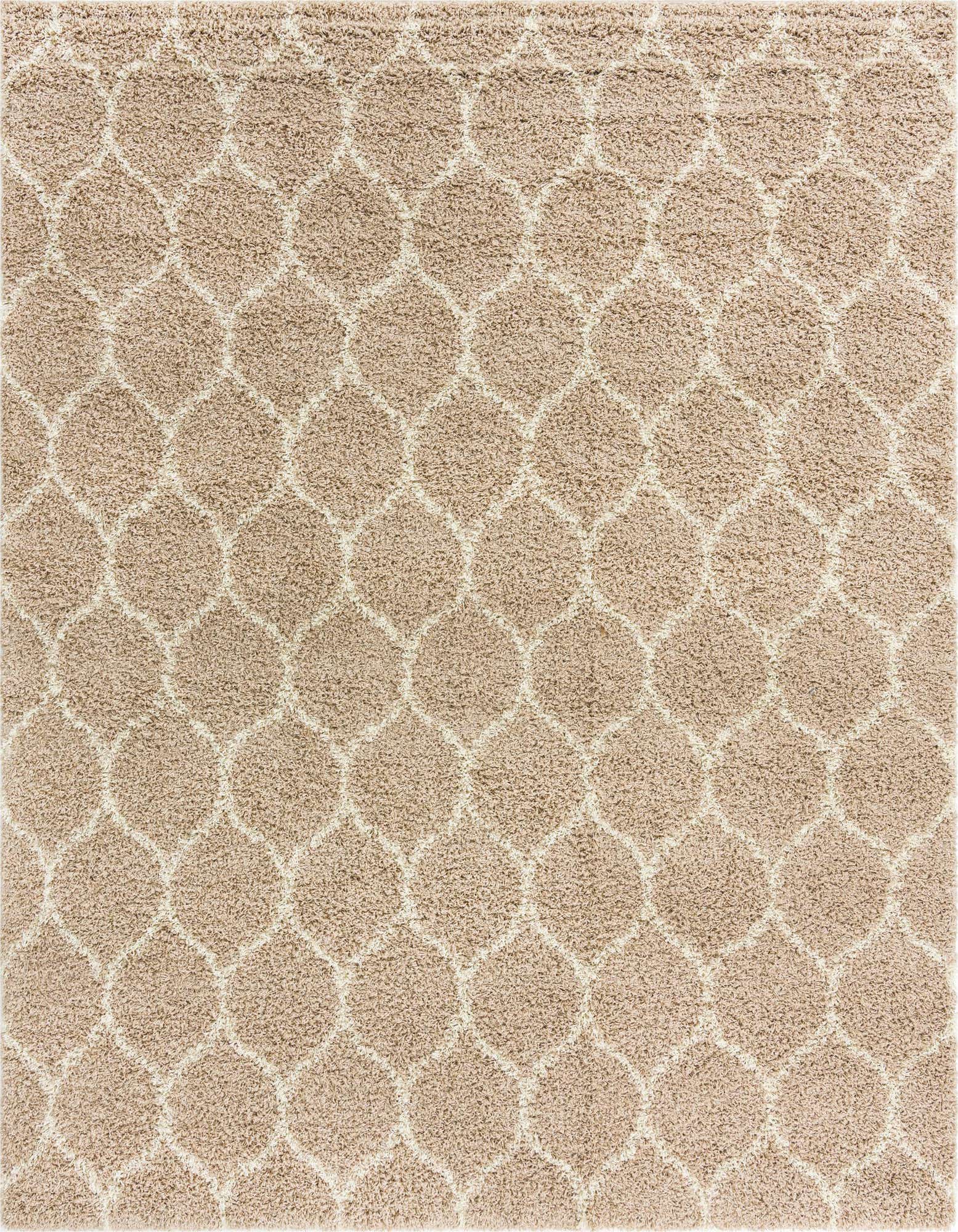 A 10'x10' square brown shag rug with a modern off-white trellis pattern, offering a textured high/low pile.