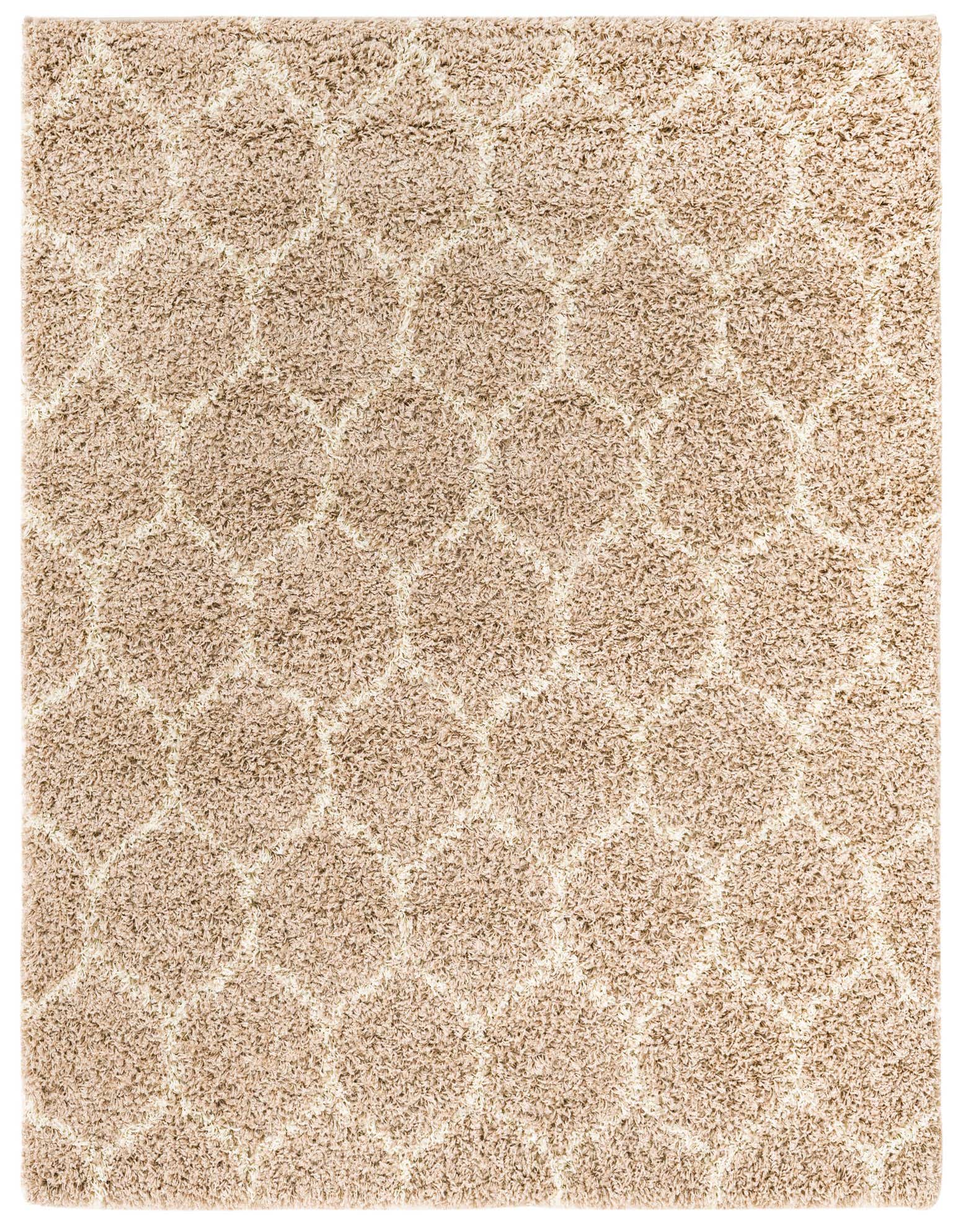 A 6'x6' square beige shag rug with a subtle off-white modern trellis pattern, showcasing its high/low textured pile.