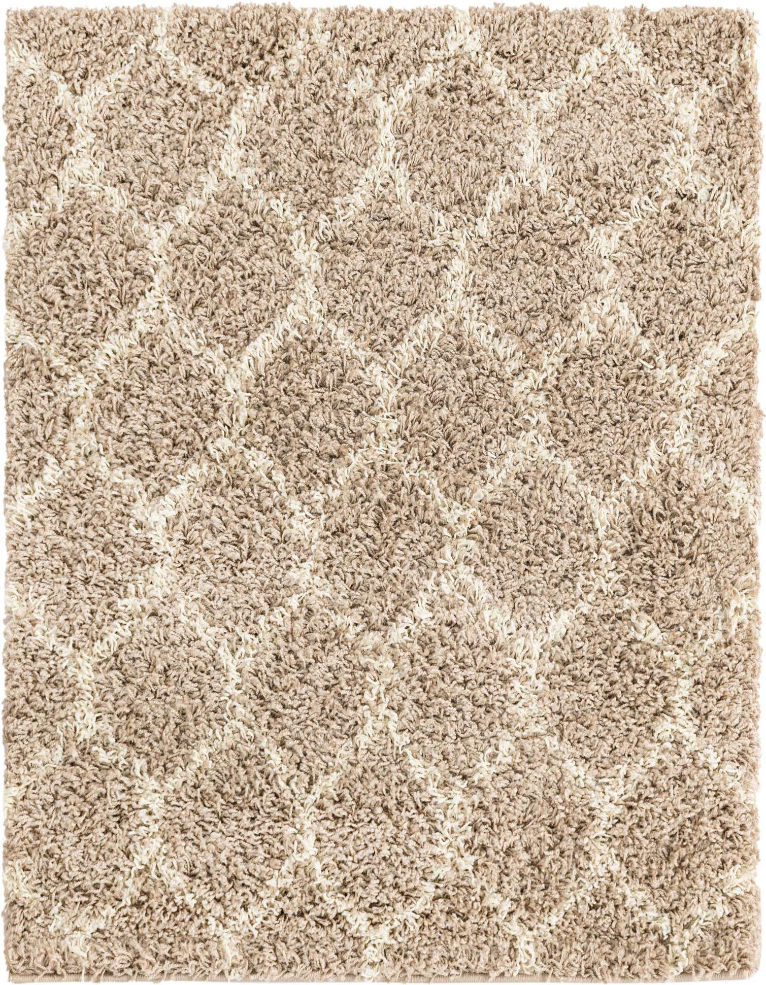 A 3' 3 x 3' 3 square brown shag rug with a subtle cream modern lattice pattern, showcasing its textured high-low pile.
