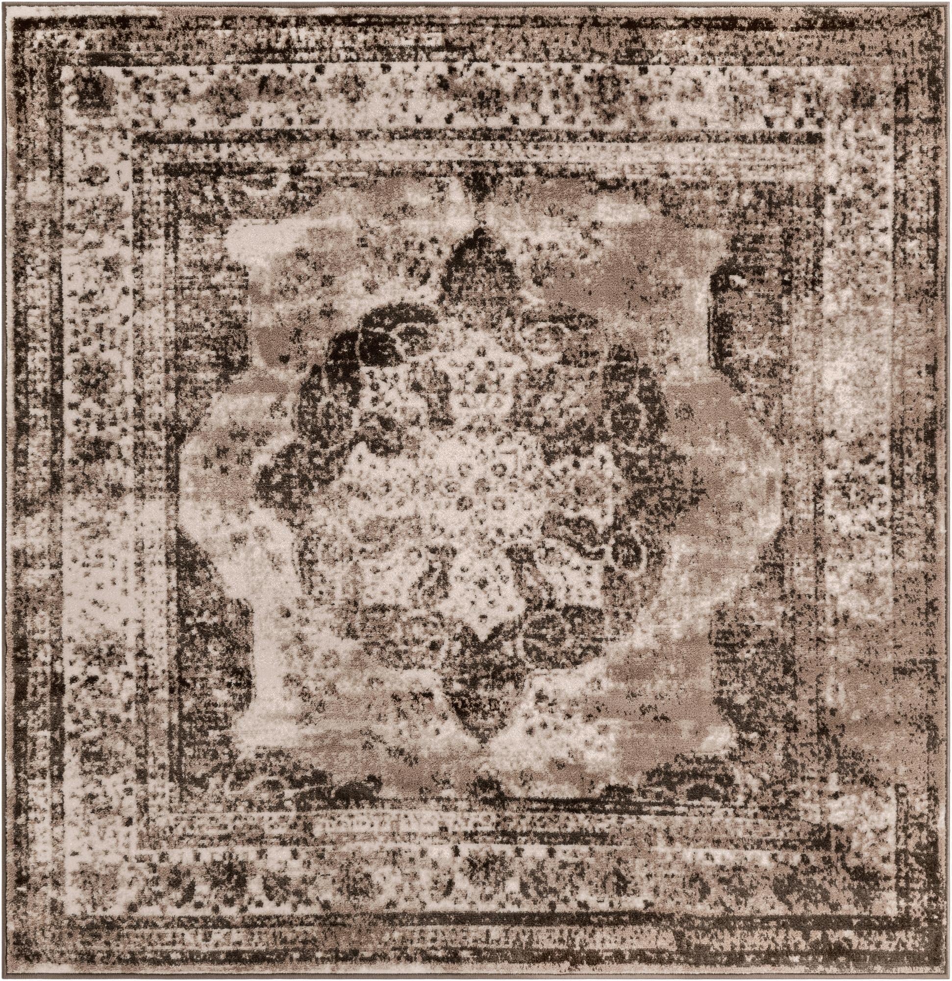 A 6' 0 x 6' 0 square Monte Carlo rug featuring a distressed medallion pattern in varying shades of brown and tan.