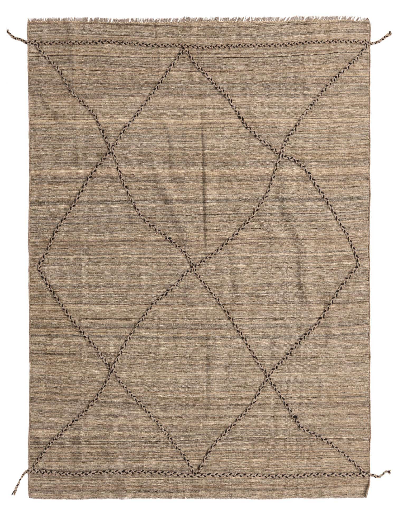 A square 5' 5 x 5' 9 brown and tan wool shag rug with a bold tribal diamond pattern made from braided dark brown lines.