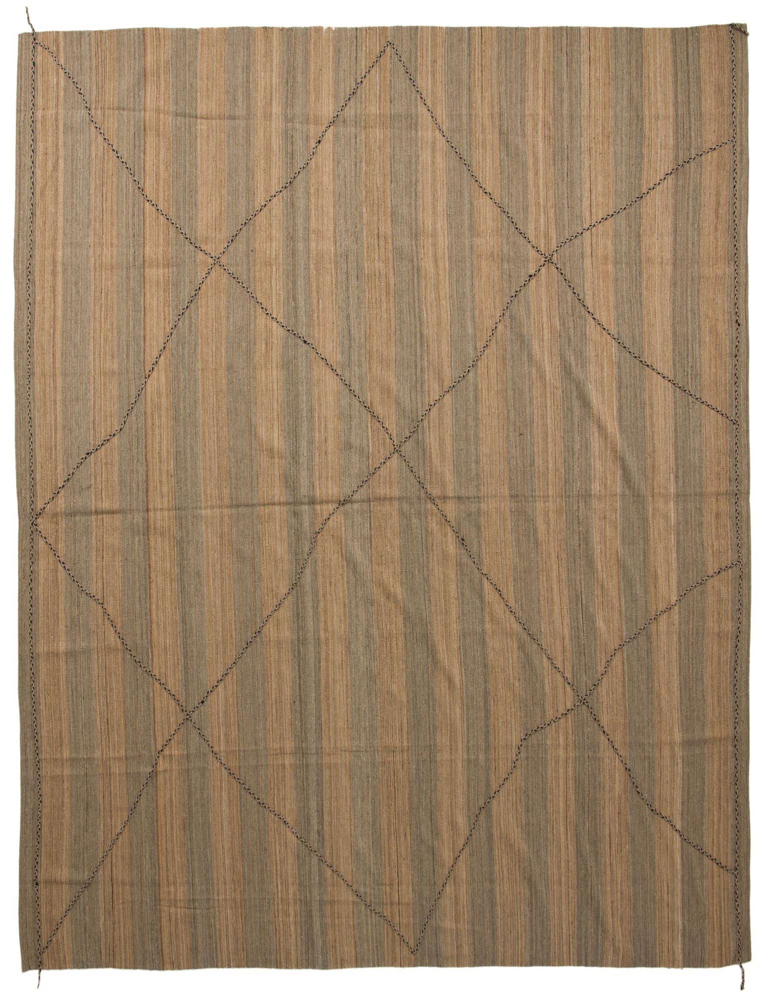 A large 12' 6 x 12' 8 square brown and tan striped wool rug with a black tribal geometric pattern.