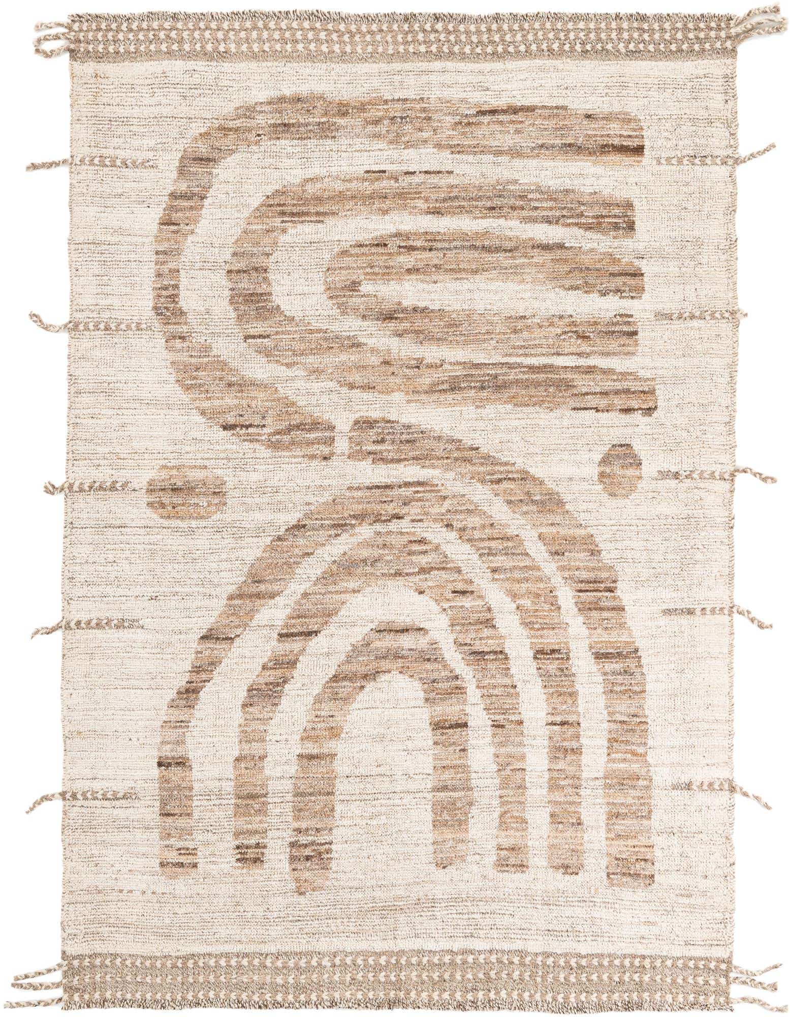 A 5' 8 x 6' 8 square wool rug with a modern tribal pattern in shades of brown and tan.