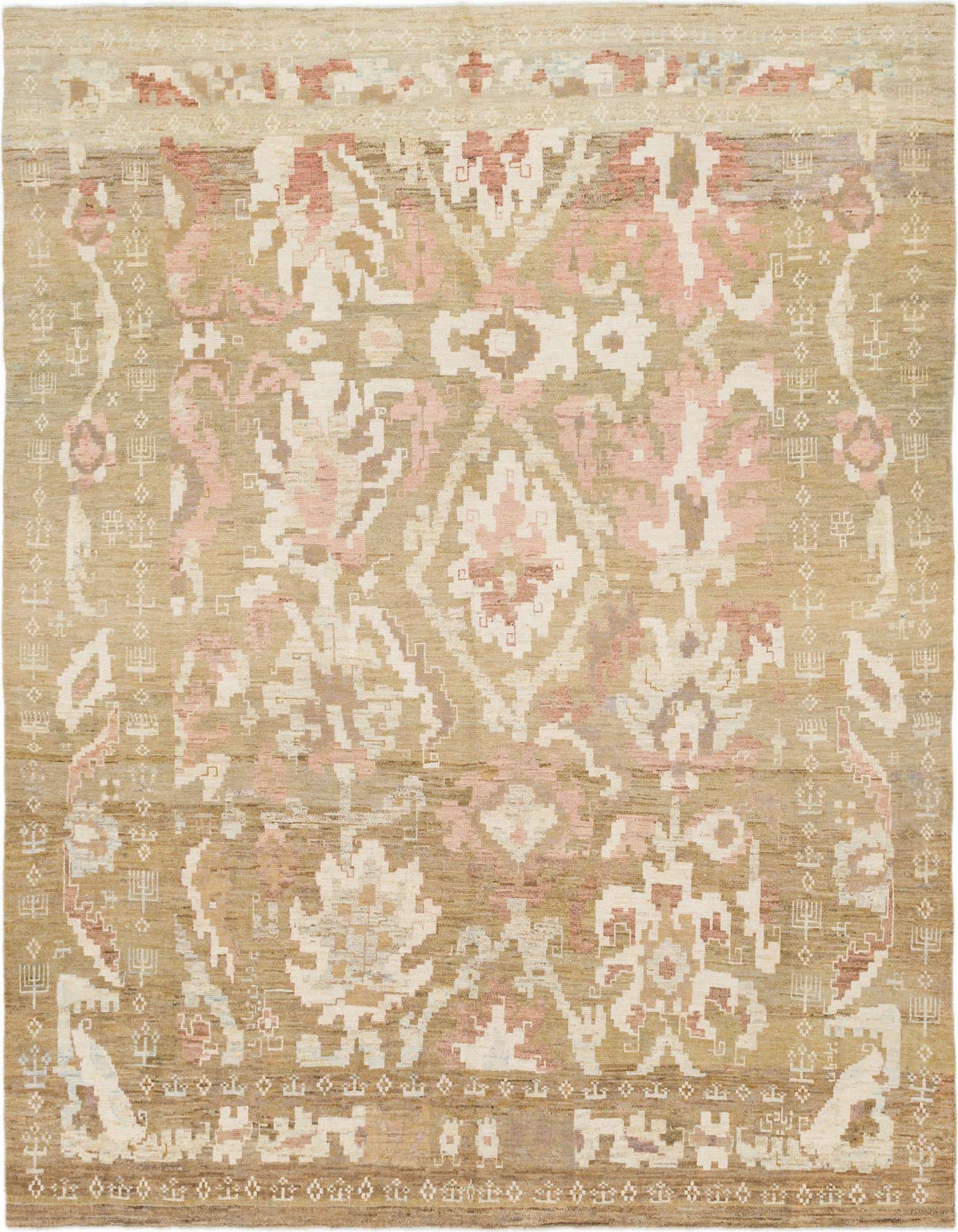 A square 11' x 12' Oushak rug featuring a traditional medallion pattern in shades of brown, tan, and muted pink.